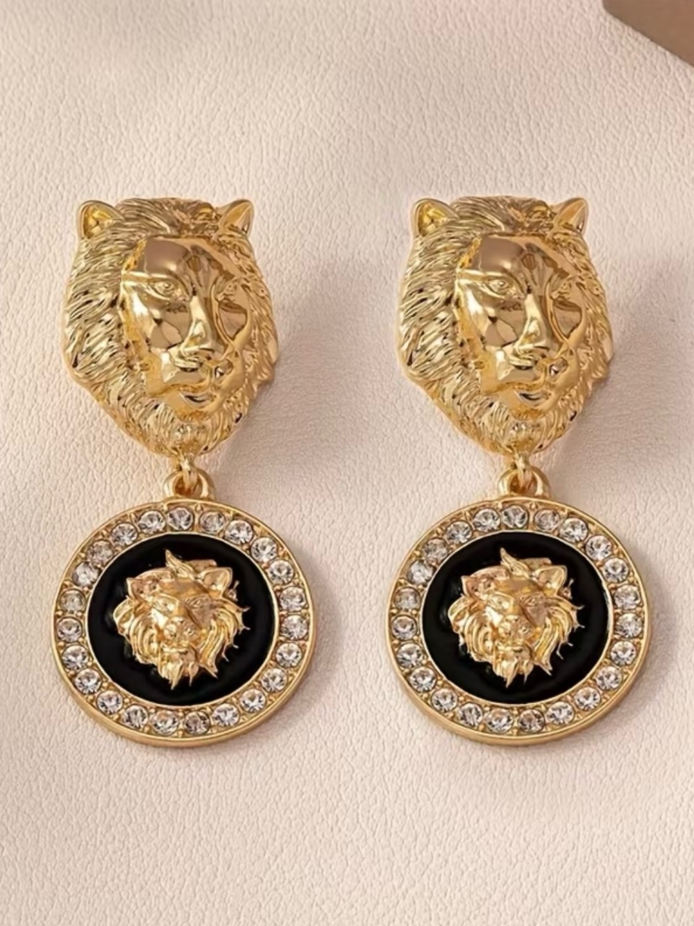 NEW! Gold Lion Head Drop Earrings with Black Enamel and Crystals 🦁